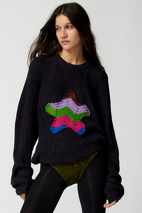 Urban Renewal Remade Crochet Star Patch Crew Neck Sweater In Black, Women's At Urban Outfitters
