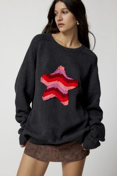 Urban Renewal Remade Crochet Star Patch Crew Neck Sweater In Grey, Women's At Urban Outfitters