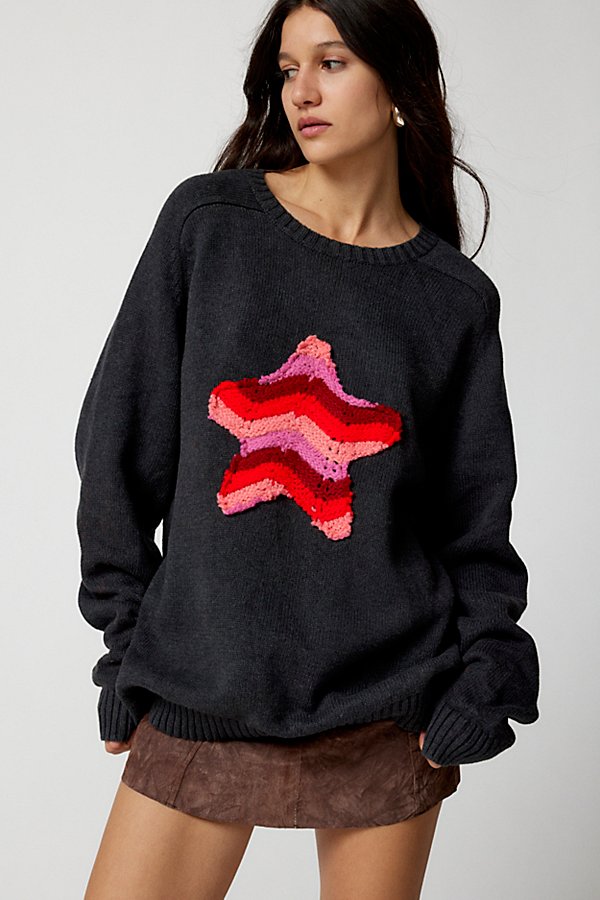 Urban Renewal Remade Crochet Star Patch Crew Neck Sweater In Grey, Women's At Urban Outfitters