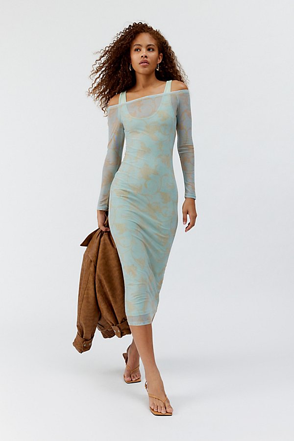Another Girl Alyson Mesh Long Sleeve Midi Dress In Blue, Women's At Urban Outfitters