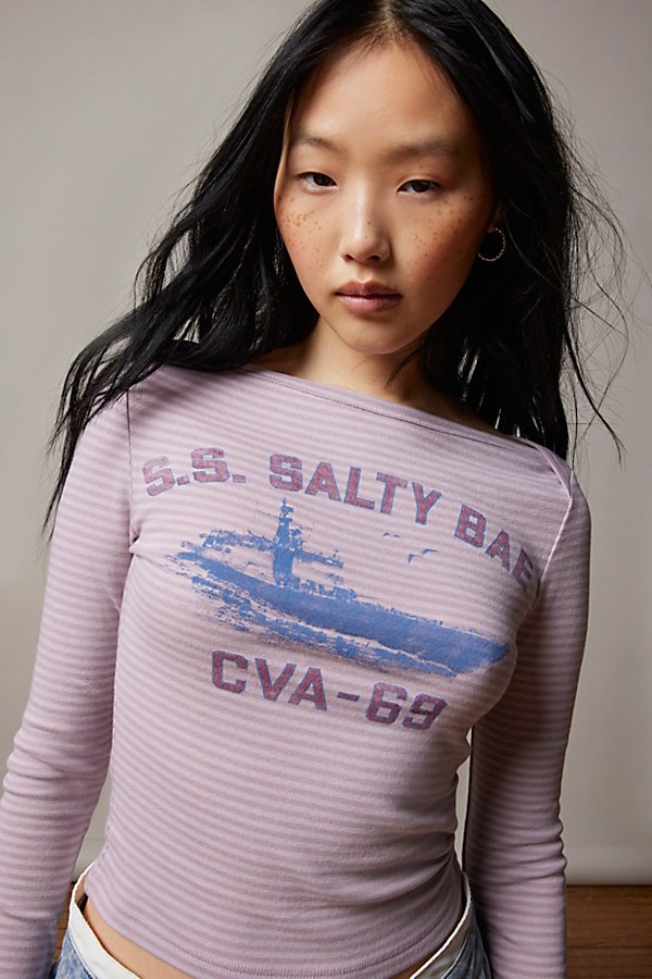 Bdg Willow Nautical Stripe Long Sleeve Tee In Purple, Women's At Urban Outfitters
