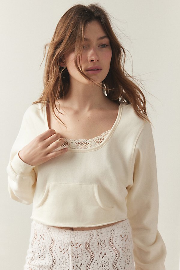 Out From Under Jayden Lace-trim Hoodie Sweatshirt In Ivory, Women's At Urban Outfitters