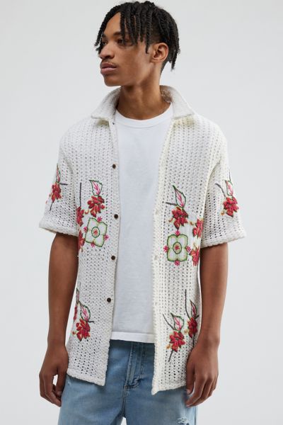 Shop Raga Man Agrim Crochet Button-down Shirt Top In Ivory, Men's At Urban Outfitters