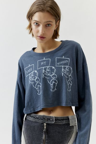 Boys Lie Read The Signs Cropped Long Sleeve Tee In Blue, Women's At Urban Outfitters