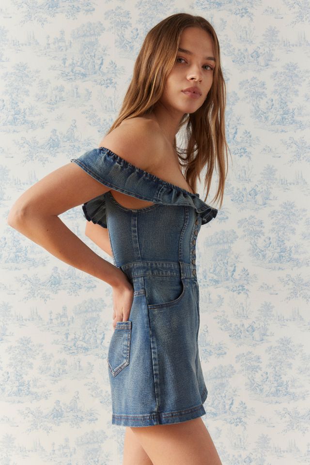 Kimchi Blue Jeena Denim Off-The-Shoulder Romper | Urban Outfitters