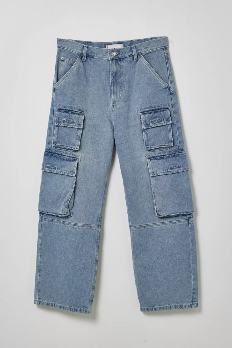 A pair of light blue jeans with four large side pockets