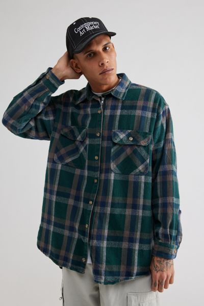 Urban Renewal Remade Full Zip Heavy Flannel Shirt In Green, Men's At Urban Outfitters