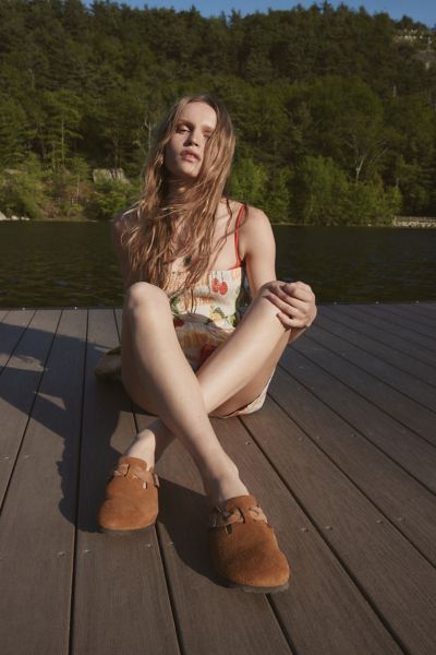 Shop Birkenstock Women's Boston Braided Suede Clog In Mink, Women's At Urban Outfitters In Brown