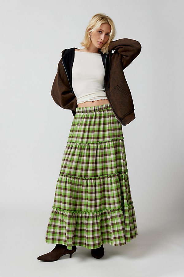 Urban Renewal Remnants Flannel Tiered Maxi Skirt In Green, Women's At Urban Outfitters