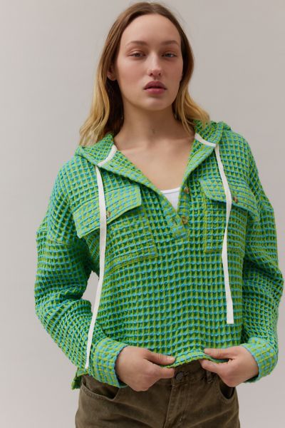 Bdg Baja Stanley Waffle Hooded Top In Green, Women's At Urban Outfitters