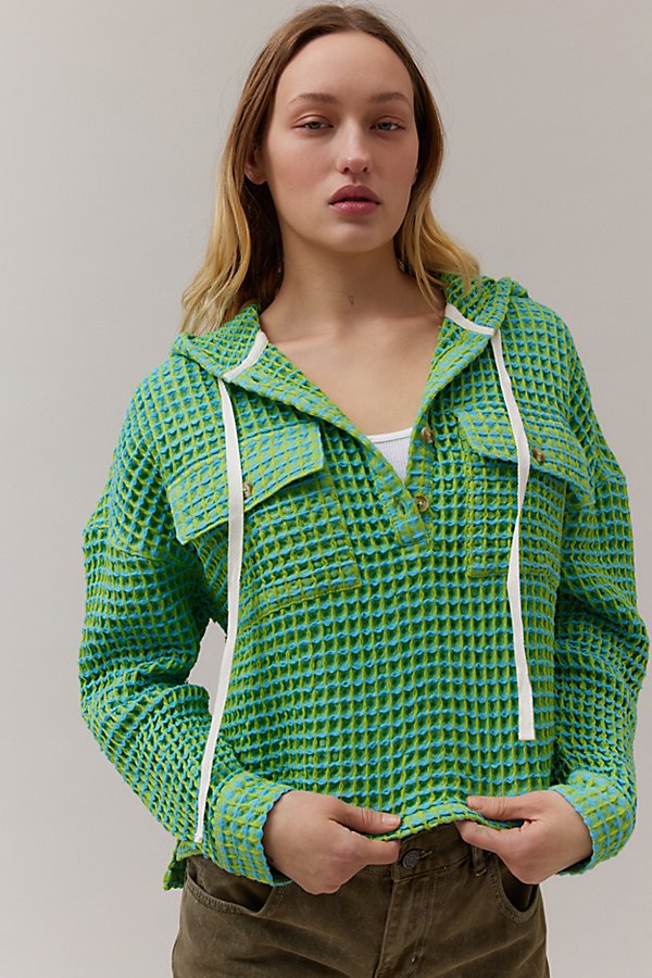 Bdg Baja Stanley Waffle Hooded Top In Green, Women's At Urban Outfitters