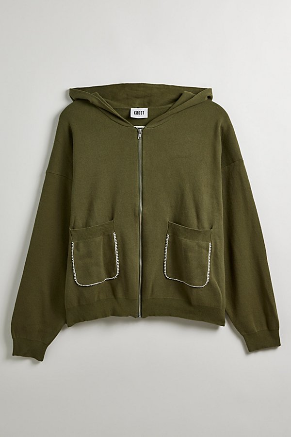 Krost Uo Exclusive Blanket Stitch Full Zip Hoodie Cardigan In Khaki At Urban Outfitters