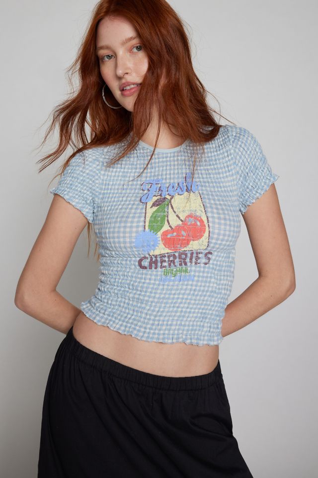 Kimchi Blue Shay Smocked Gingham Tee in Blue Cotton, Women's XL at Urban Outfitters