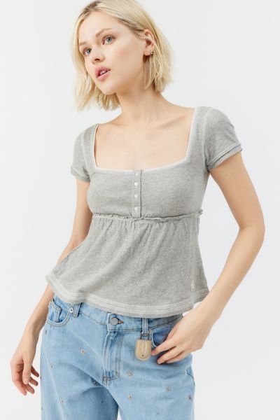 Bdg Brittney Square Neck Henley Babydoll Tee In Grey, Women's At Urban Outfitters