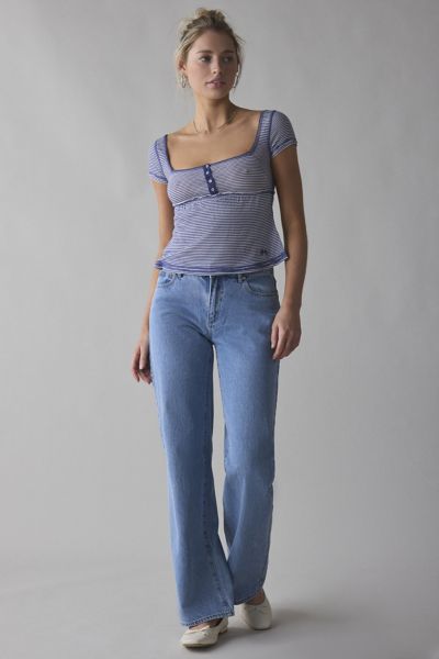 Bdg Brittney Square Neck Henley Babydoll Tee In Navy, Women's At Urban Outfitters In Navy