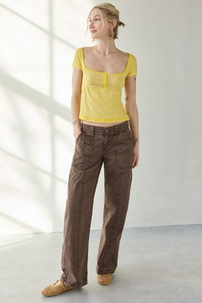 BDG BRITTNEY SQUARE NECK HENLEY BABYDOLL TEE IN YELLOW, WOMEN'S AT URBAN OUTFITTERS 