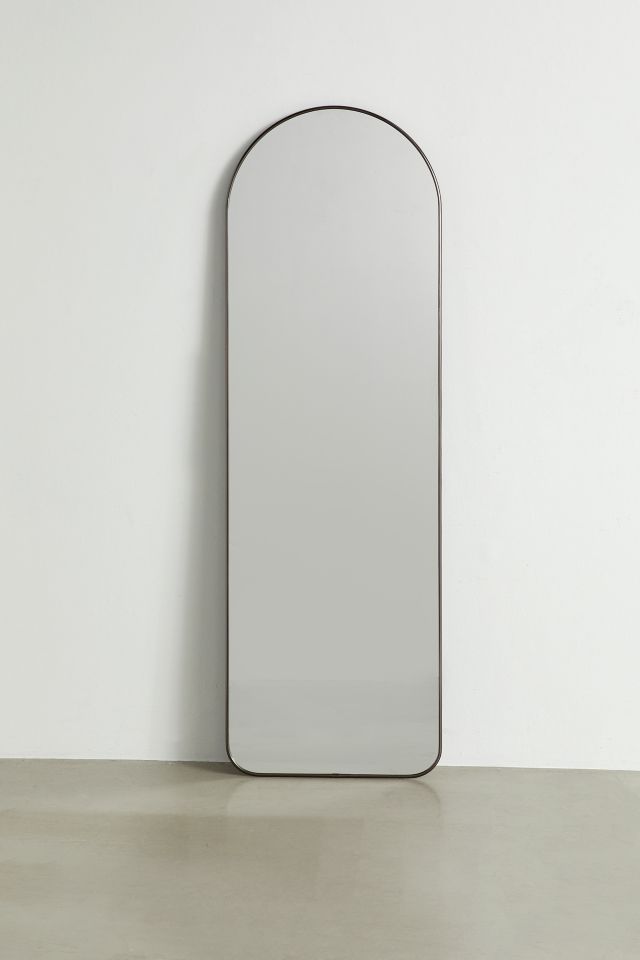 Elegant Arch Brass Leaning Floor Mirror with Sleek Metallic Rim