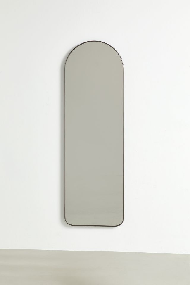 Elegant Arch Brass Leaning Floor Mirror with Sleek Metallic Rim