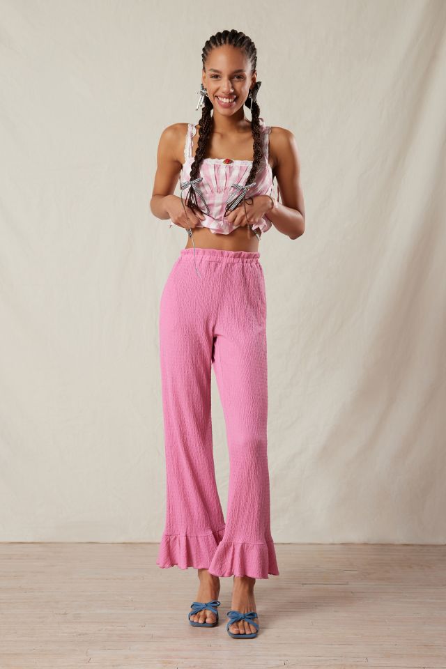 Pink Flare Pants With Ruffle