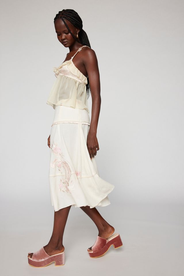 Kimchi Blue Persephone Linen Embroidered Midi Skirt | Urban Outfitters