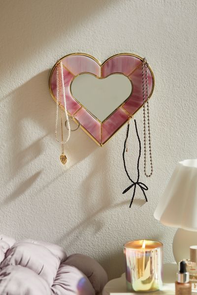 Urban Outfitters Heart Stained Glass Jewelry Storage Mirror In Pink At