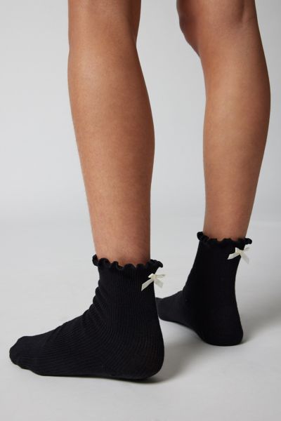 Urban Outfitters Ribbed Knit Ruffle & Bow Crew Sock In Black, Women's At