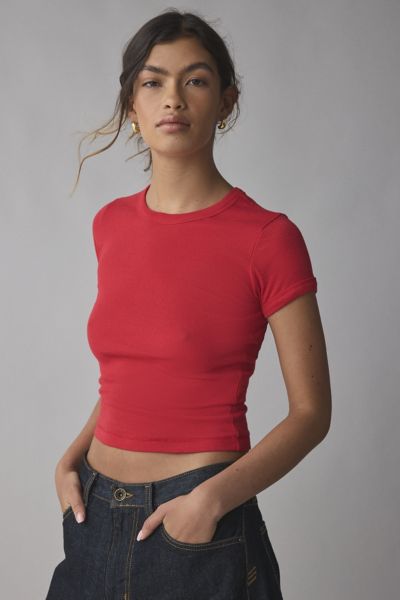 BDG TOO PERFECT SHORT SLEEVE TEE IN RED, WOMEN'S AT URBAN OUTFITTERS 