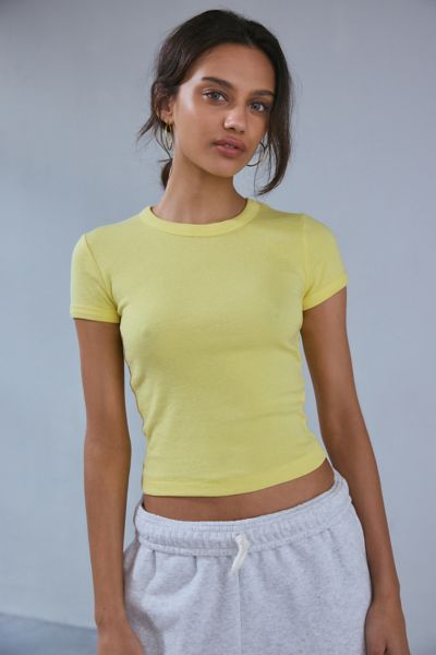 BDG TOO PERFECT SHORT SLEEVE TEE IN BRIGHT YELLOW, WOMEN'S AT URBAN OUTFITTERS 