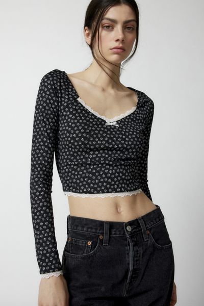 Urban Renewal Remnants Floral Print Lace Trim Top In Black, Women's At Urban Outfitters