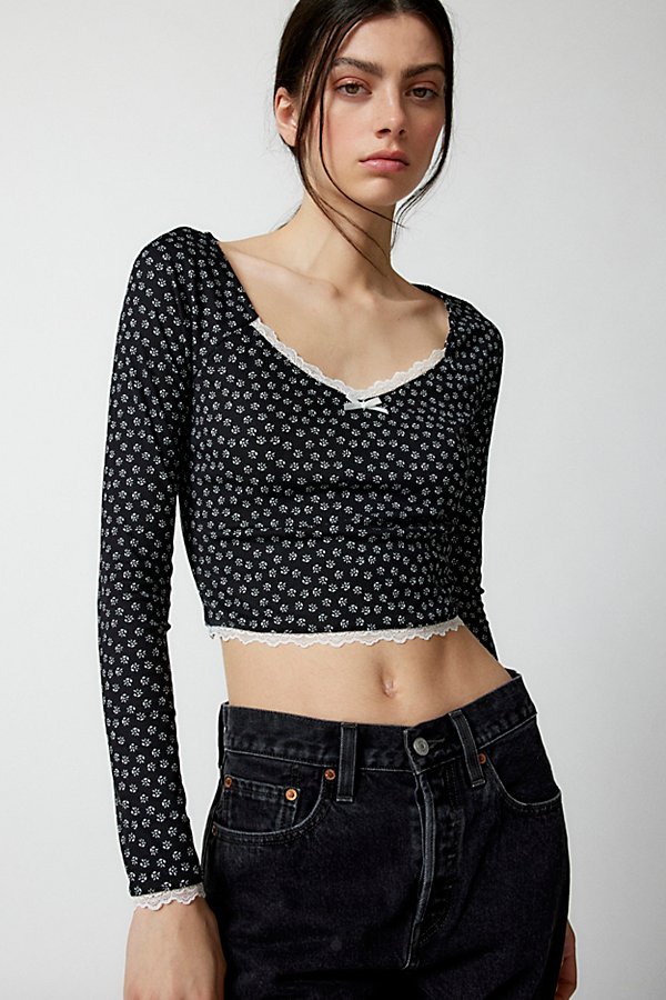 Urban Renewal Remnants Floral Print Lace Trim Top In Black, Women's At Urban Outfitters