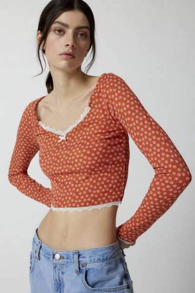 Urban Renewal Remnants Floral Print Lace Trim Top In Orange, Women's At Urban Outfitters