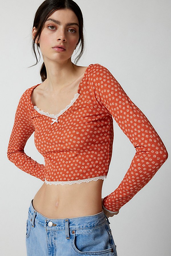 Urban Renewal Remnants Floral Print Lace Trim Top In Orange, Women's At Urban Outfitters