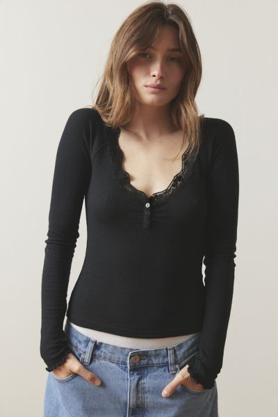 Out From Under Diana Layering Lace-trim Henley Top In Black, Women's At Urban Outfitters In Black