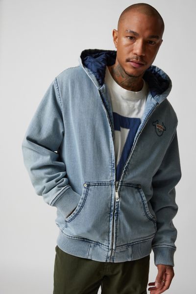 True Religion Uo Exclusive Denim Hooded Zip Jacket In Light Blue