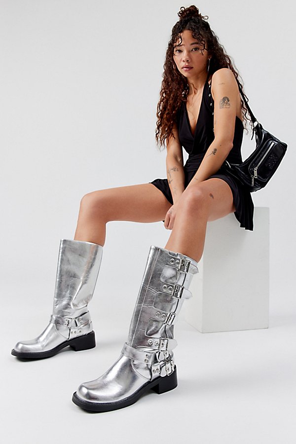 Azalea Wang Buckled Up Moto Boot In Silver, Women's At Urban Outfitters