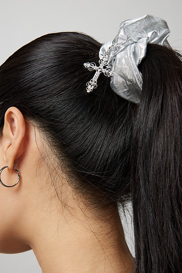 Urban Outfitters Charm Metallic Scrunchie In Silver At  In Gray