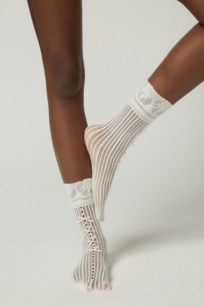 Urban Outfitters Bow Pointelle Mid-calf Sock In White, Women's At