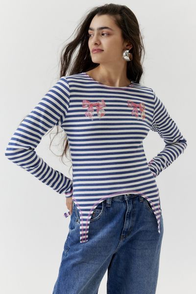 Urban Outfitters Striped Bow Long Sleeve Baby Tee In Black, Women's At