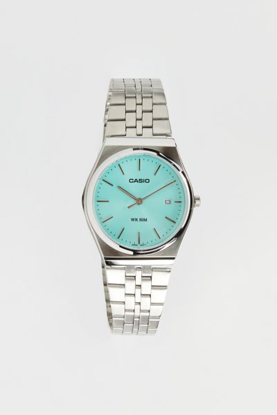 Shop Casio Mtp Analog Stainless Steel Watch In Silver/blue, Men's At Urban Outfitters