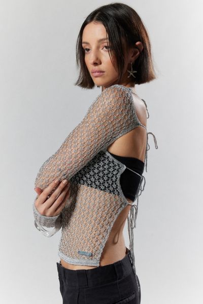 House Of Sunny Silver Plated Sheer Tie-back Top In Silver, Women's At Urban Outfitters In Black