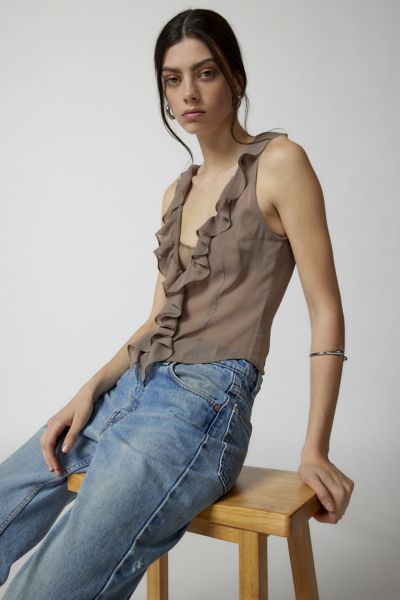 LIONESS ROSE RUFFLE TOP IN TAN, WOMEN'S AT URBAN OUTFITTERS