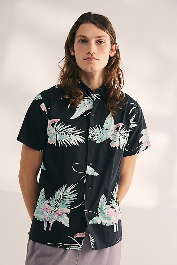 Shop Katin Paradise Tropical Print Short Sleeve Button-down Shirt Top In Black, Men's At Urban Outfitters