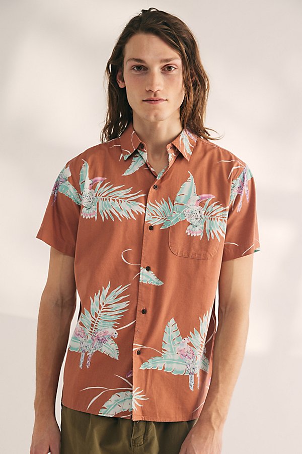 Shop Katin Paradise Tropical Print Short Sleeve Button-down Shirt Top In Red Clay, Men's At Urban Outfitters