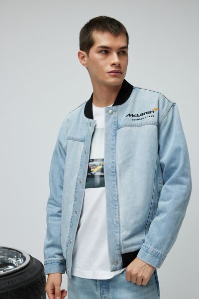 Levi's X Mclaren Racing Track Trucker Jacket In Vintage Denim Light, Men's At Urban Outfitters In Vintage Denim Light