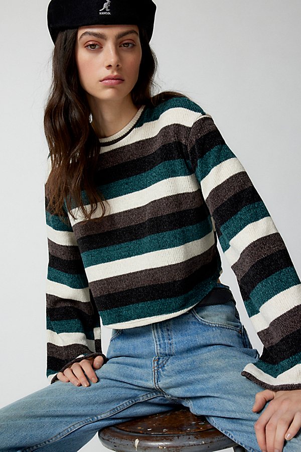 Urban Renewal Remnants Wide Stripe Chenille Cropped Sweater In Blue, Women's At Urban Outfitters