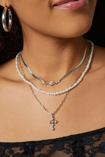 Delicate Pearl Cross Layering Necklace Set | Urban Outfitters