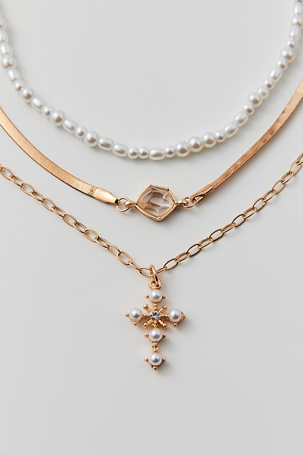 Urban Outfitters Delicate Pearl Cross Layering Necklace Set In Gold, Women's At