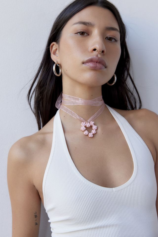 Rosette Heart Ribbon Choker Necklace in Pink, Women's at Urban Outfitters