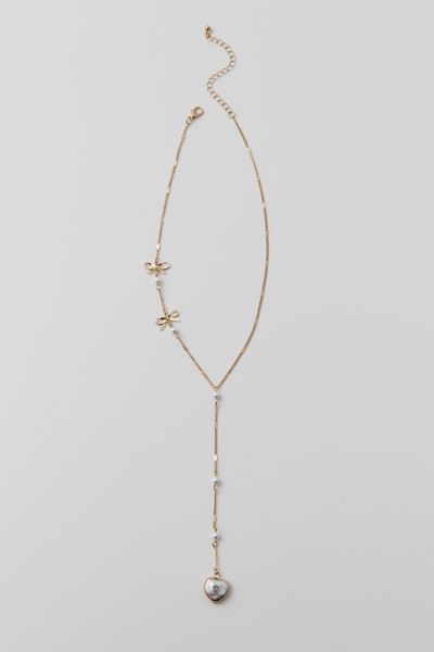 Urban Outfitters Delicate Pearl Lariat Necklace In Gold, Women's At