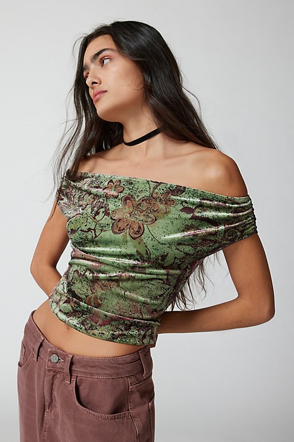 Urban Renewal Remnants Printed Velvet Off-the-shoulder Top In Green, Women's At Urban Outfitters